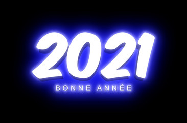 illustration of a happy new year 2021 white text on a black background with a blue light effect such as night neon lighting