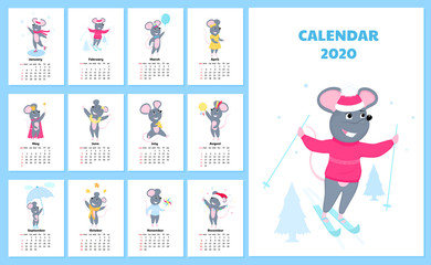 Calendar for 2020 from Sunday to Saturday. Cute rats in different costumes. The symbol of the Chinese New Year. Mouse cartoon character. Funny animal.