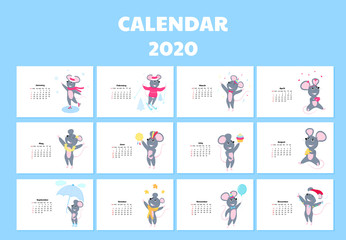 Calendar for 2020 from Sunday to Saturday. Cute rats in different costumes. The symbol of the Chinese New Year. Mouse cartoon character. Funny animal.