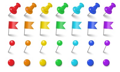 Office accessorize colorful vector set. Realistic pin, flag, pushpin, magnet