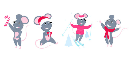 A set of mice. Little mouse. Rats with candy, skiing, wearing a Santa hat
