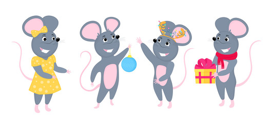 A set of mice. Little mouse with gift. Rats cartoon characters