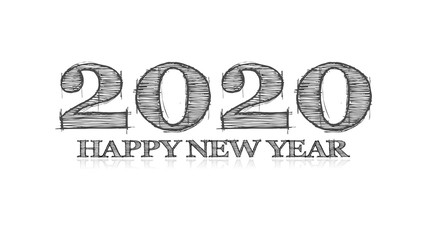 illustration of the artist sketch type wishing a happy new year 2020 with grey text on a white background