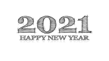 illustration of the artist sketch type wishing a happy new year 2021 with grey text on a white background 