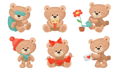 Cute Teddy Bear Collection, Sweet Animal Cartoon Character in Different Situations Vector Illustration