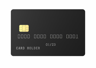Black Empty Credit Card with Semi-Matt Satin Surface. Realistic 3D Mockup Isolated on White Background Close-Up.