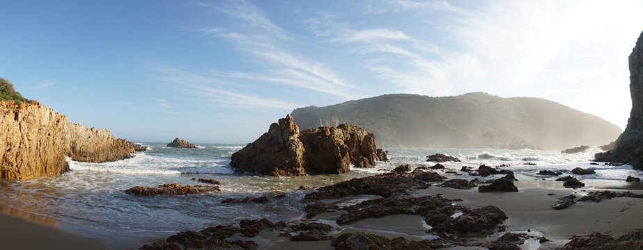 Rugged Mountains and Sea Cliffs Landscapes at Robberg Nature Reserve along the Garden Route near Cape Town, South Africa.