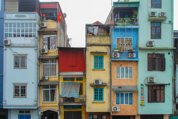 Colorful, high and narrow buildings in Vietnam 