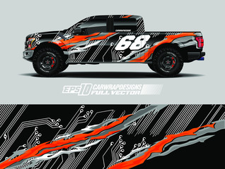 vehicle graphic livery design vector. Graphic abstract stripe racing background designs for wrap cargo van, race car, pickup truk, adventure vehicle.