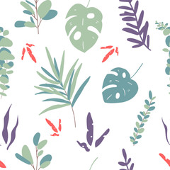 Seamless cute leaves pattern on white background. vector leaves. Can be used for backgrounds, surface textures, wallpapers, print fills. flat design, strips