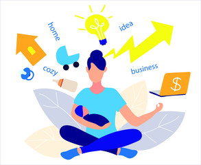  A woman sits on maternity leave and works at home. The concept of a balance between comfort in home and business.  Strong independent feminism business woman