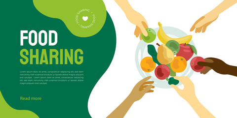 Food sharing illustration. Layout of share meal, waste reduction, help restaurant or cafe sell unused product. People take food from a plate. Design for charity, volunteer organization. Flyer template