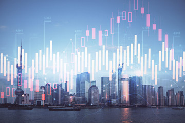 Fototapeta na wymiar Forex graph on city view with skyscrapers background double exposure. Financial analysis concept.