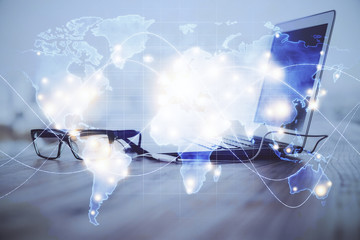 Multi exposure of business theme icons and table with computer background. Concept of success.