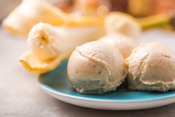 Icecream made of frozen banana. Vegan gelato. Tasty vegetarion concept