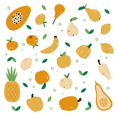 Big set with hand drawn colorful doodle fruit and vegetables. Cute style vector collection: orange, pear, apple, pepper, lemon, pineapple. Flat icons. Vegetarian healthy food. Vegan, farm, organic