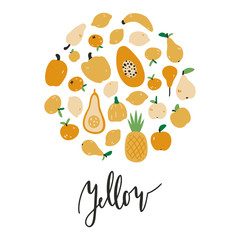 Round shape collection of hand drawn fruits and vegetables. Bundle of cute vector illustrations on white background. Healthy diet banner template with lettering. 