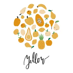 Rolgordijnen Round shape collection of hand drawn fruits and vegetables. Bundle of cute vector illustrations on white background. Healthy diet banner template with lettering.  © Rita