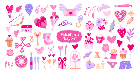 Mega set of vector flat valentine's day illustrations. Background for greeting cards, packaging, design for a holiday, wedding, engagement.