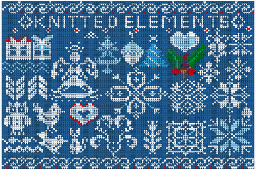 Set of Christmas knitted elements and decorations. Knitted snowflakes, decorations, birds and ornaments on blue background.