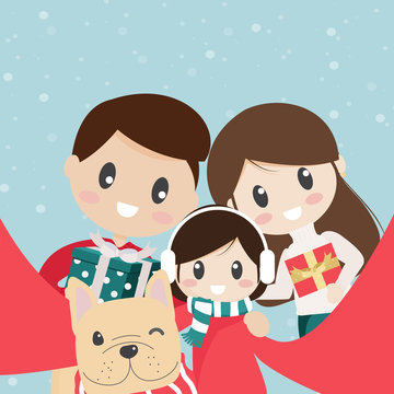 cute family and french bulldog puppy taking selfie on Christmas boxing day eps10 vectors illustration