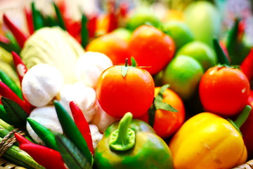 Artificial fruits and vegetables in the basket