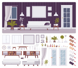 Living room interior, home, office creation set, comfort and classic elegance, kit with furniture, constructor elements to build own design. Cartoon flat style infographic illustration, color palette