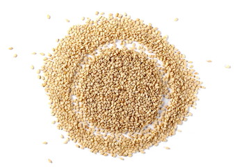 Integral sesame seeds isolated on white background, top view