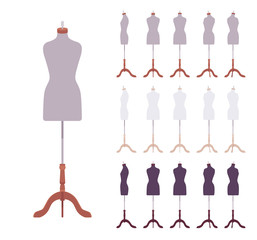 Fitting dress form mannequin body torso, wooden tripod base stand for sewing project, to display clothes, garment, furnishing, decorating. Vector flat style cartoon illustration, different view, color