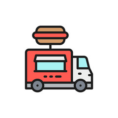 Burgers truck, fast food vehicle flat color line icon.