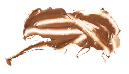 Chocolate cream spread isolated on white background, top view