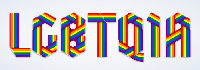 Initialism LGBTQIA made of bended ribbons with rainbow Pride flag colors. Vector illustration.