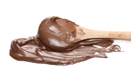 Cream chocolate spread with wooden spoon isolated on white background