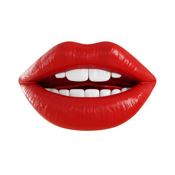 Open mouth with red glossy lips and white teeth on an isolated background. 3d rendering