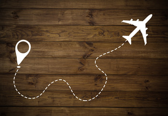 Airplane line path vector icon of air plane flight route with start point and dash line trace