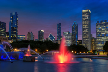 Fototapeta na wymiar Chicago City at night with skyscrapers and Buckingham fountain, Chicago, Illinois, USA.