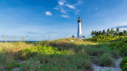 Cape Florida Lighthouse at sunset on beautiful beach, Miami, Florida, USA