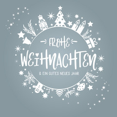Frohe Weihnachten und ein gutes neues Jahr Kalligraphie - runde Form silberfarben. Grußkarte mit Weihnachtsbaum, Geschenken, Sternen und Kerzen