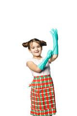 Little girl puts on gloves ready for cleaning. Mom's assistant isolated on a white background.