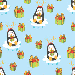 Christmas Penguins with Gifts Vector Seamless Pattern