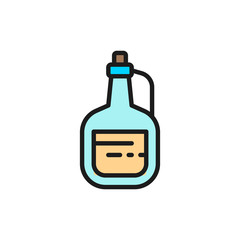 Olive oil in glass bottle flat color line icon.