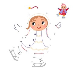 Educational game for kids. Dot to dot game for children. Illustration of a cute little girl skating. Winter activities.
