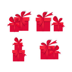 vector set of Red gift box symbols, christmas present wrapped with rich red bow and ribbons. Vector icons