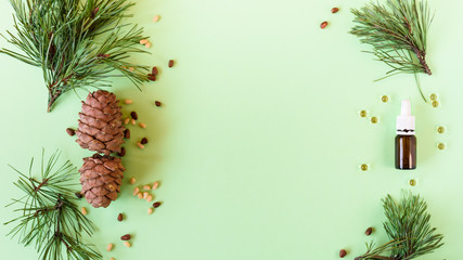 concept of natural cosmetics, pine cones with nuts and a bottle of oil on a green background