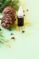 Fototapeta na wymiar concept of natural cosmetics, pine cones with nuts and a bottle of oil on a green background