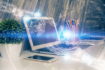 Multi exposure of computer on background and technology theme drawing. Concept of innovation.