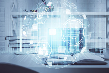 Computer on desktop with social network theme icon. Multi exposure. Concept of international connections.