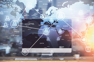 Computer on desktop with social network theme icon. Multi exposure. Concept of international connections.