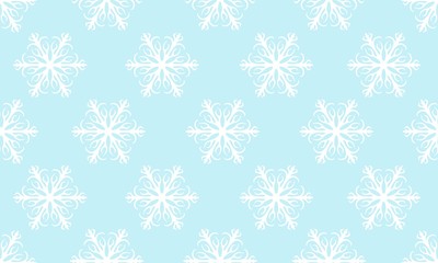 Blue seamless winter pattern with white snowflakes. Vector graphic illustration for Merry Christmas and Happy New Year.