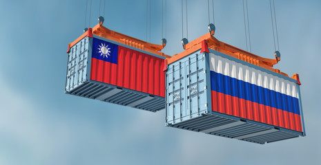 Freight container with Taiwan and Russia national flag. 3d rendering 